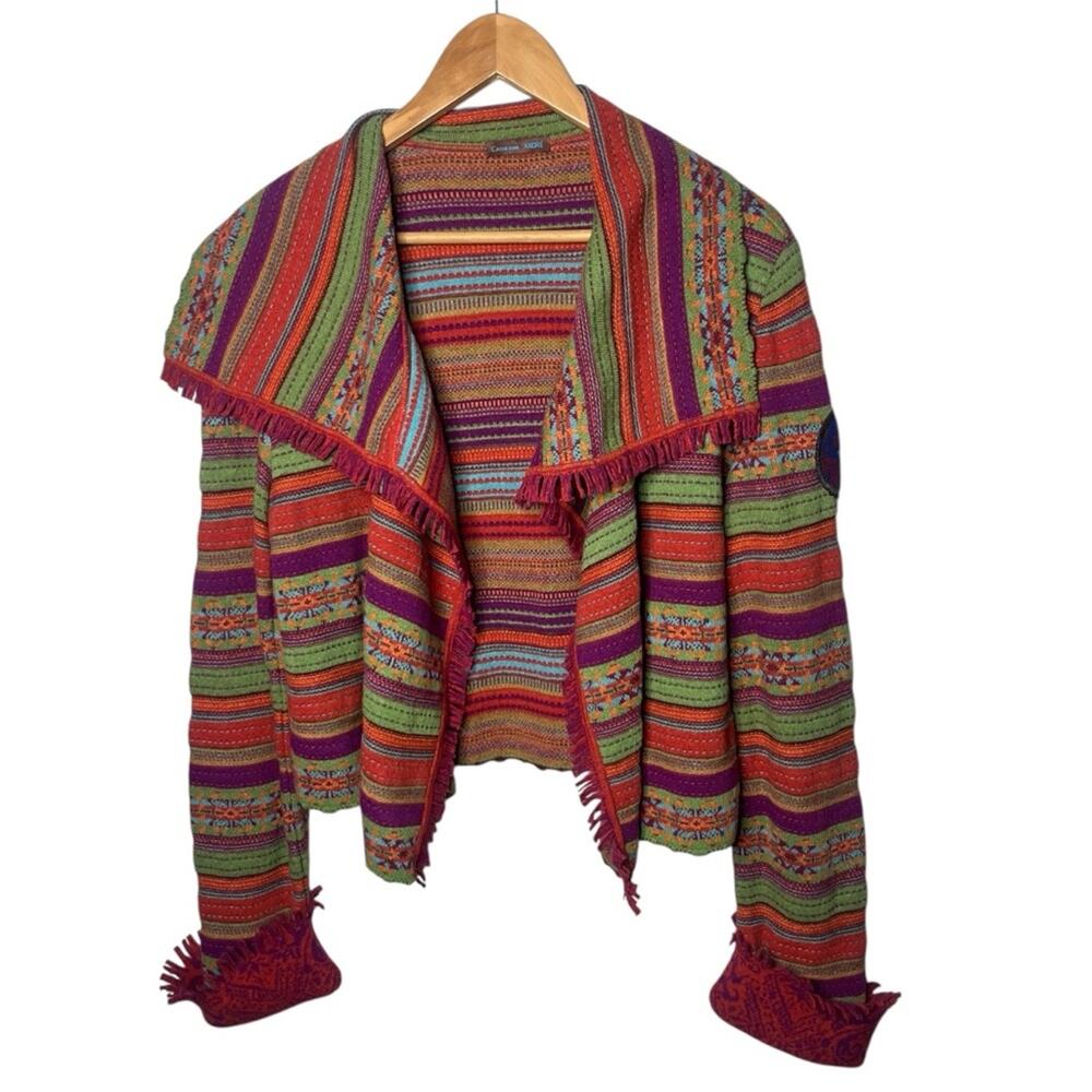 Catherine Andre Multicolor Mix Print Open Front Fringe Wool Cardigan Sweater
